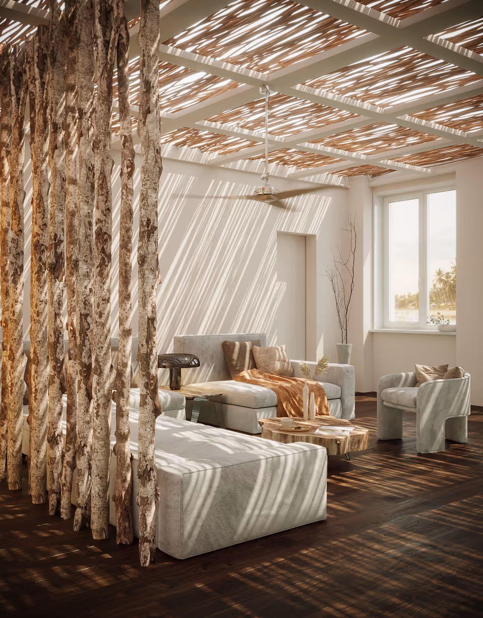 Top-notch 3D rendering of a modern living room featuring bespoke furniture, showcasing realistic lighting and textures for photorealistic visualization.