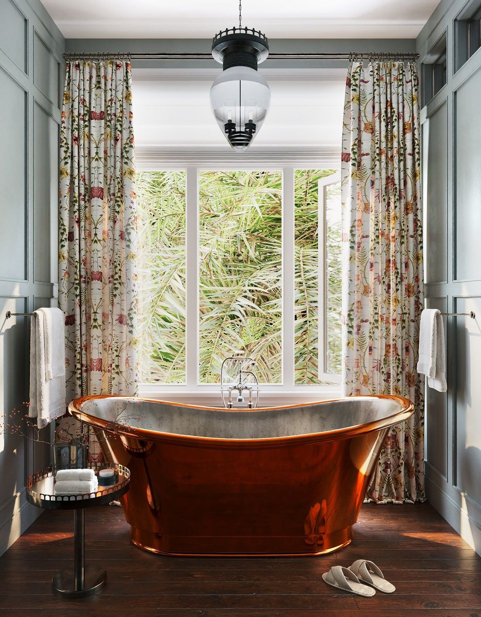 Realistic 3D visualization of a bathroom with a copper bathtub, showcasing photorealistic rendering and 3D interior visualization.