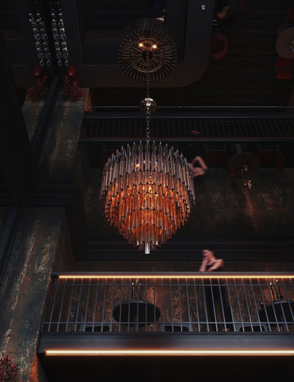 High-quality 3D rendering of a luxurious chandelier in a dark interior setting, showcasing photorealistic CGI and 3D furniture visualization.