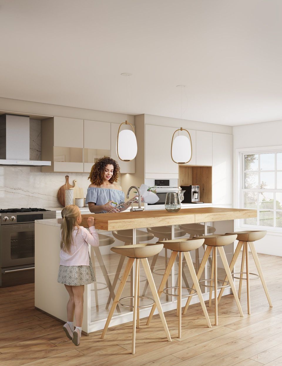 3D lifestyle visualization showcasing a modern kitchen with high-quality furniture rendering, featuring a woman and child in a photorealistic CGI setting.