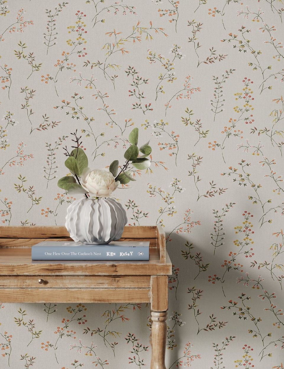 3D Rendering Of A Wooden Console Table With Books, A Vase, And A Floral Wallpaper Background
