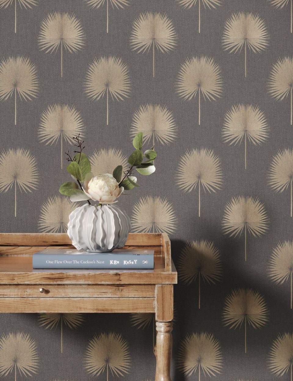 3D house fittings visualization featuring a rustic wooden table with a decorative vase and book, showcasing high-quality 3D interior rendering and photorealistic CGI.