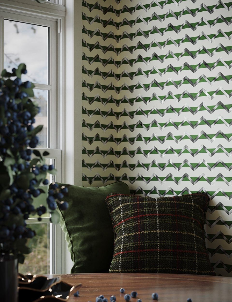 Photorealistic 3D rendering of a cozy interior corner featuring green and plaid cushions, showcasing 3D house fittings modeling and visualization.