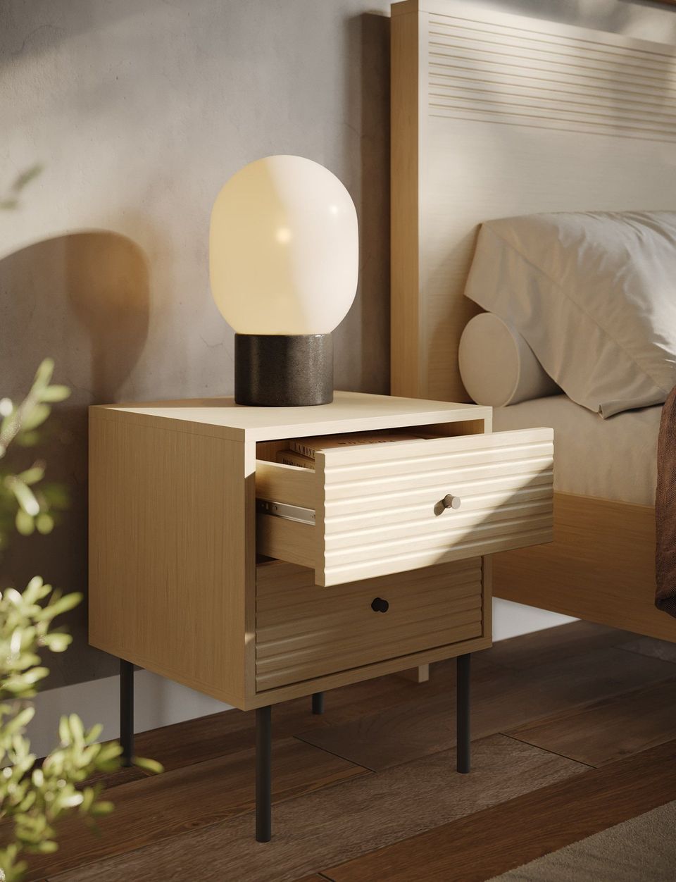 Photorealistic 3D rendering of a wooden nightstand with open drawers, showcasing high-quality 3D furniture visualization and interior rendering.