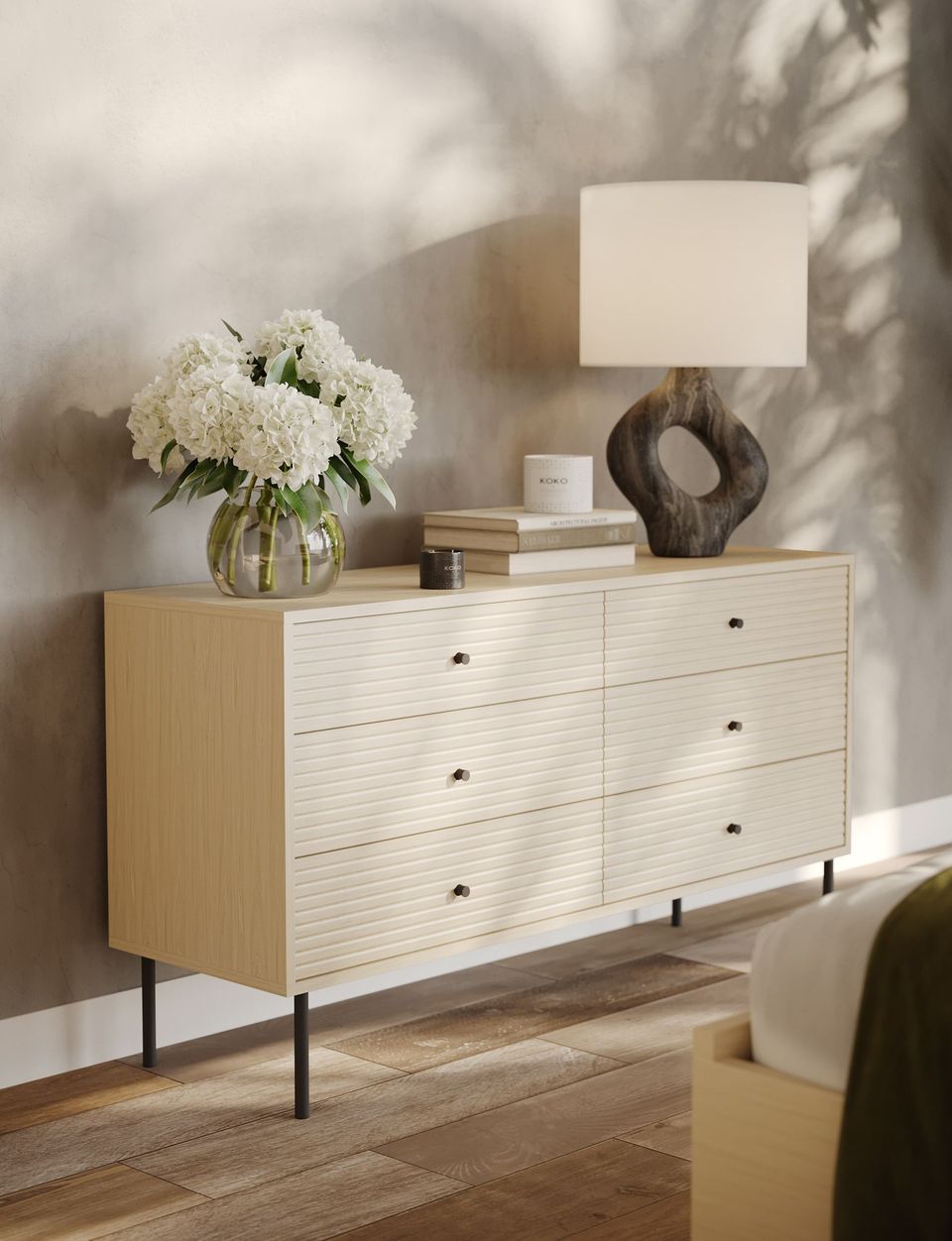 3D Rendering of a Light Wood Cabinet with Flowers and Decorative Table Lamp in Cozy Interior