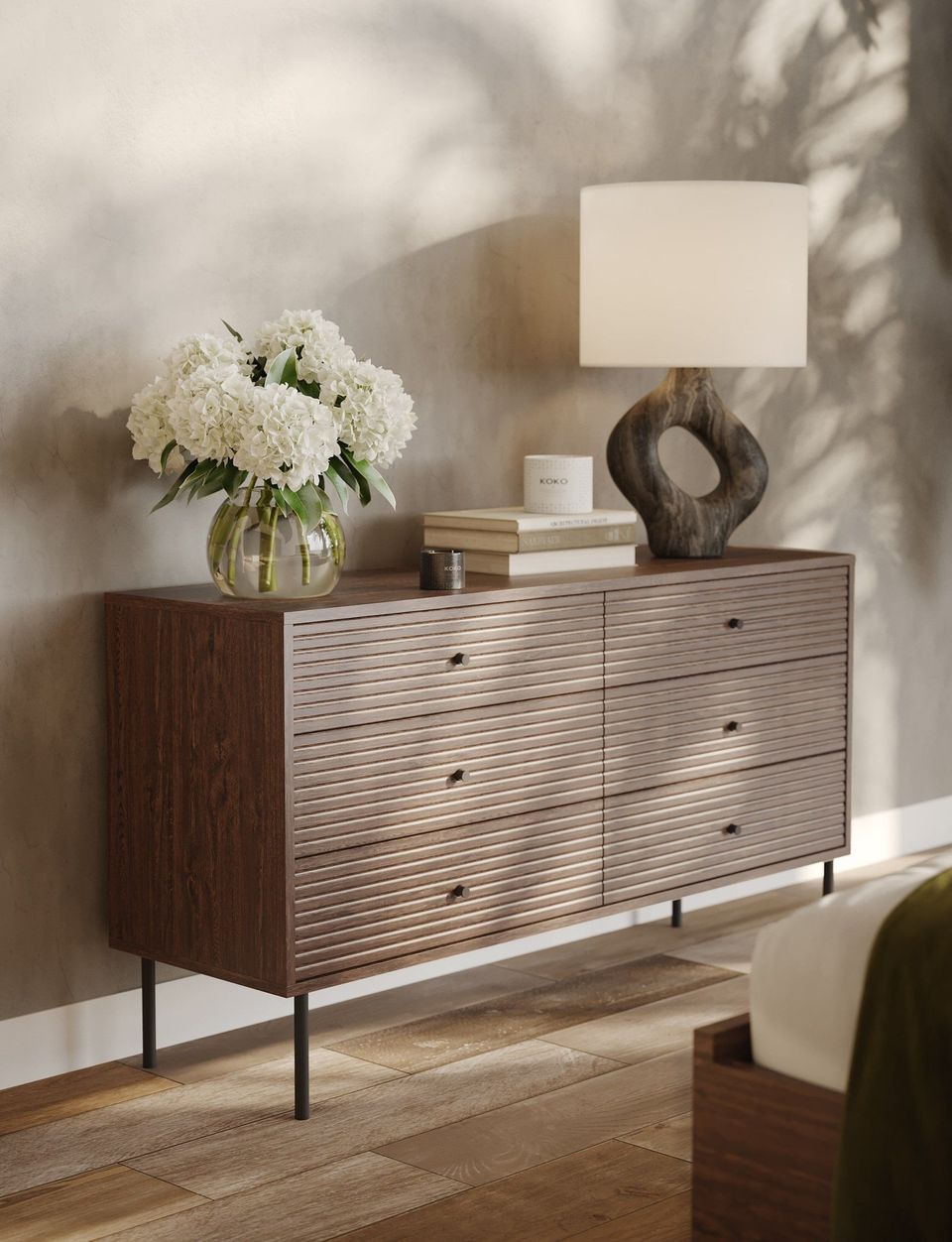 High-quality 3D rendered image of a wooden dresser with decor, showcasing photorealistic furniture rendering and 3D interior visualization.