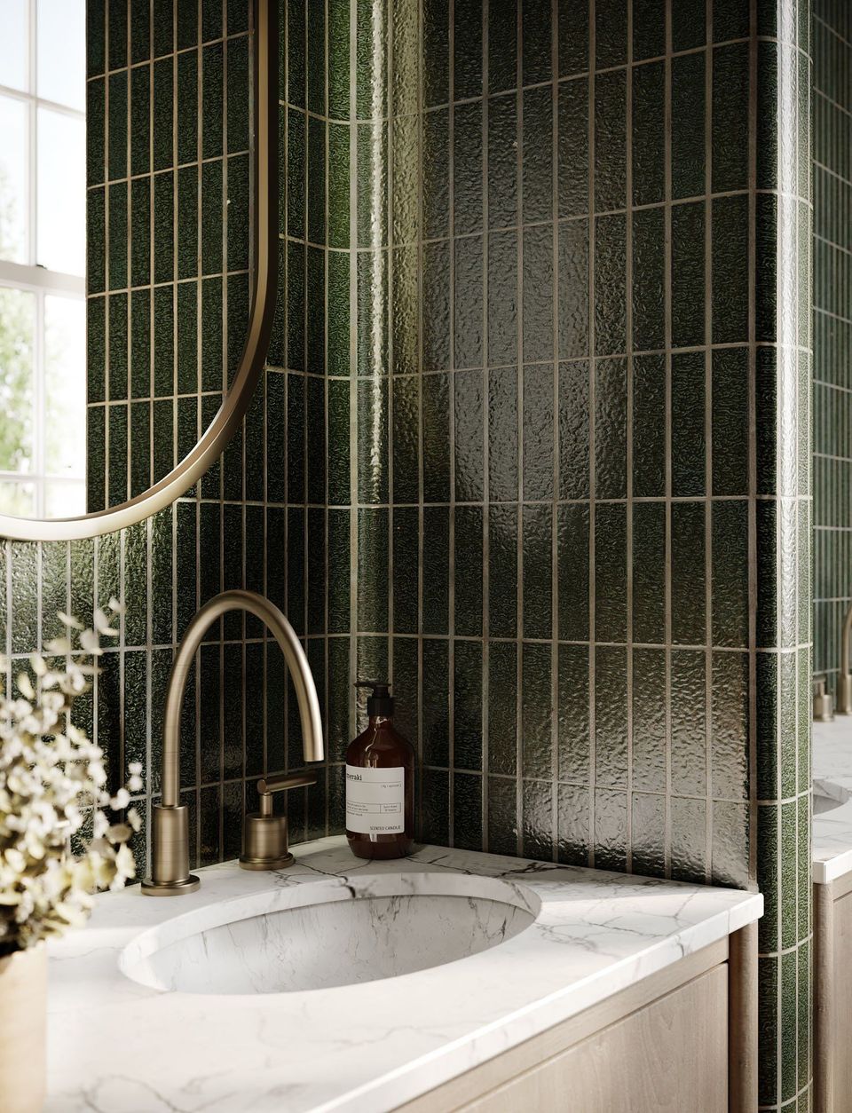 high-end 3D rendering of a bathroom interior featuring a marble sink and green tiled walls, showcasing photorealistic visualization and 3D modeling techniques.