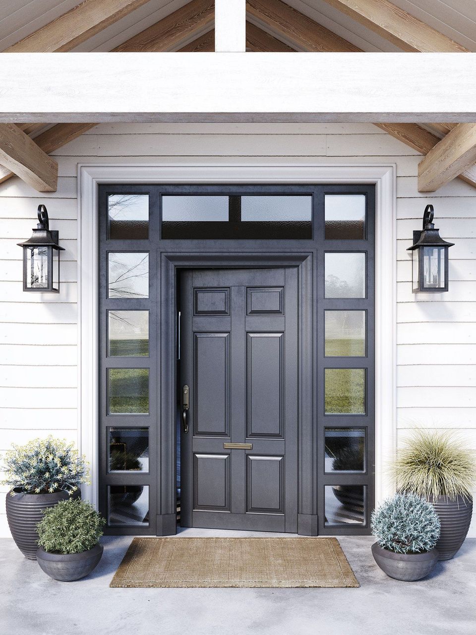 3D Rendering Of A Modern Exterior Door Entrance With Black Frame, Potted Plants, And Wooden Roof Beams