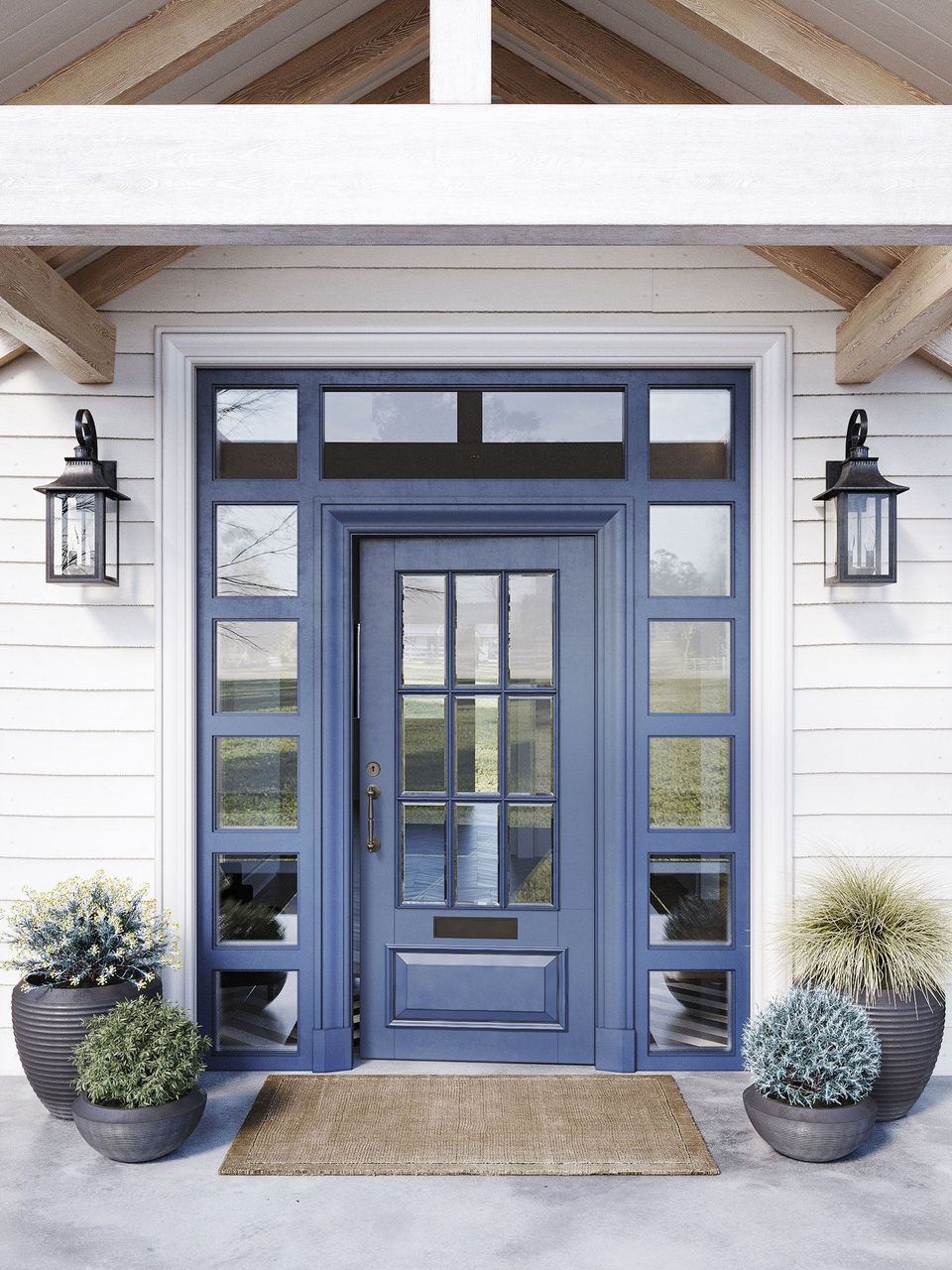 Lifestyle Rendering Of A Blue Front Door With Potted Plants And Symmetrical Glass Panels