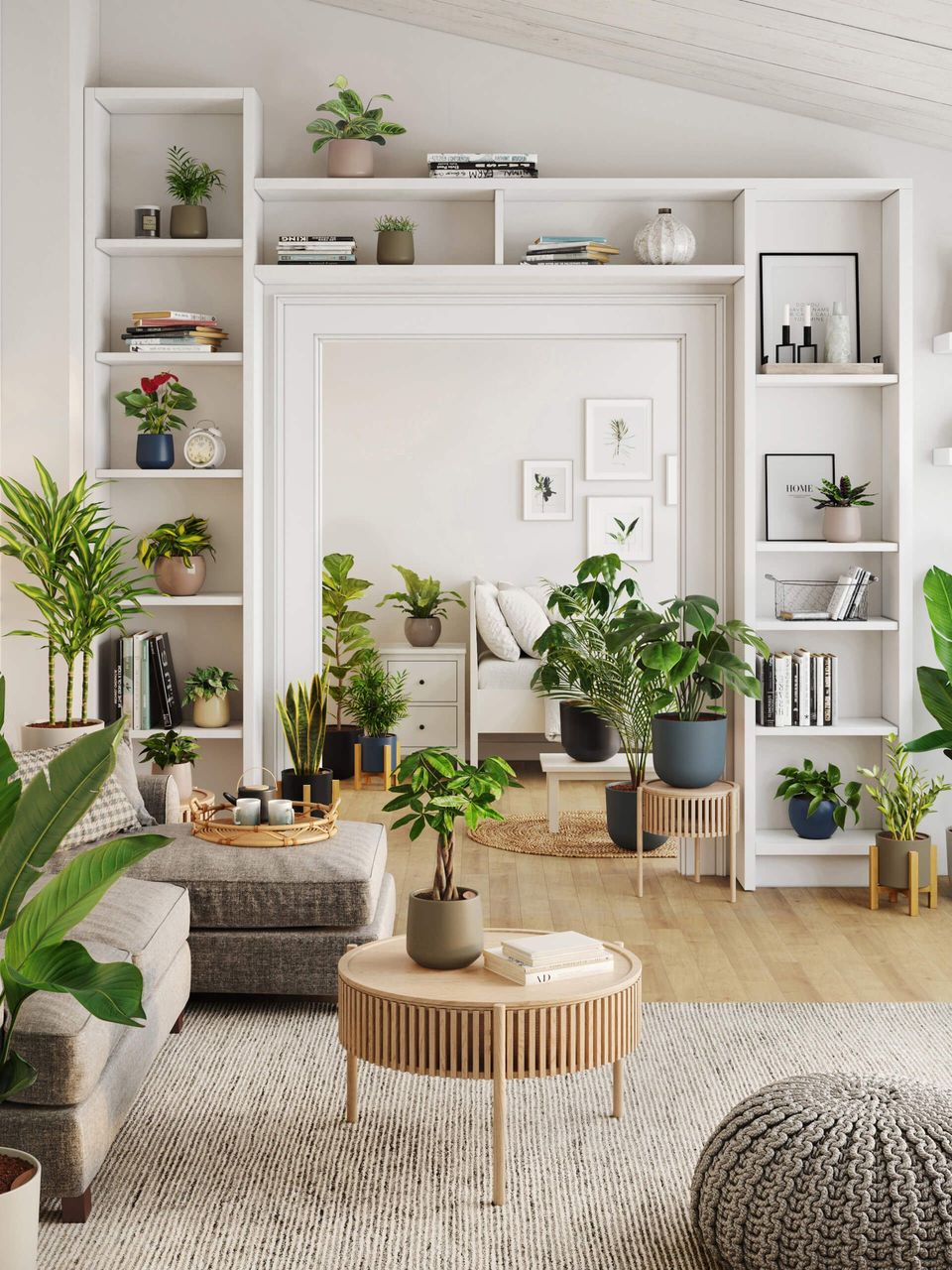 3D Rendering for a Living Room With Built-In Shelving and Potted Plants