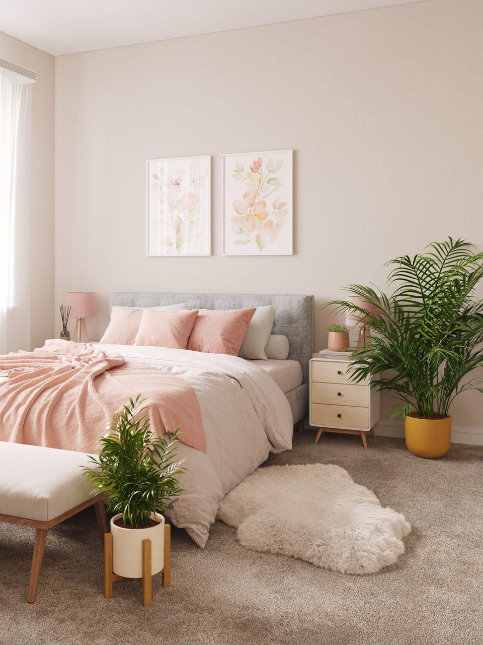 3D Visualization Of A Soft Pink Bedroom With Indoor Plants And Framed Floral Artwork Above The Bed