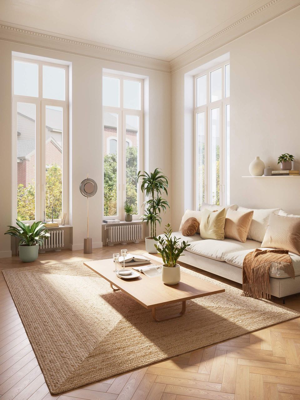 3D Visualization Of A Bright Living Room With Tall Windows And Indoor Plants On A Woven Rug