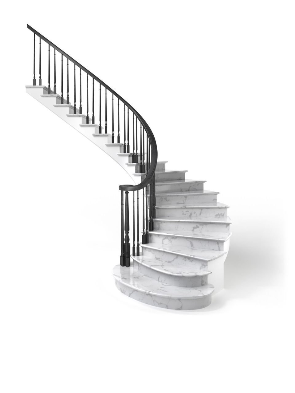 Photorealistic 3D rendering of a marble spiral staircase showcasing high-quality interior visualization and custom 3D modeling.