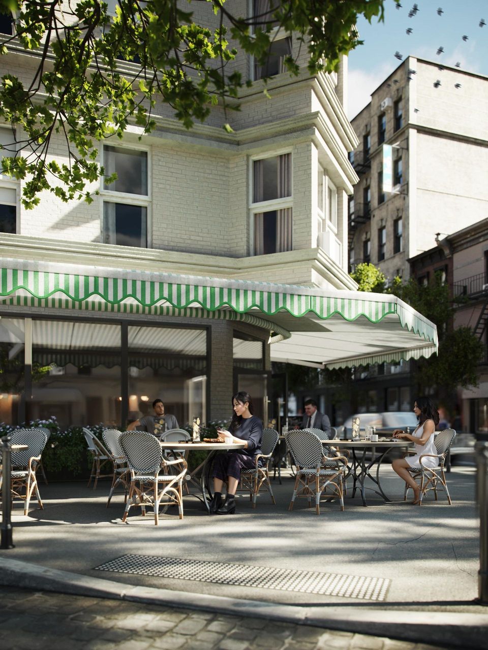 3D lifestyle visualization of an outdoor cafe with realistic furniture rendering and 3D modeling