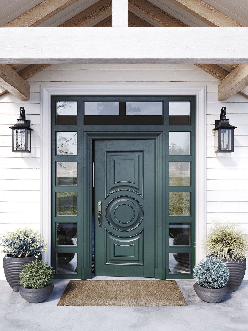3D Visualization of a Front Porch With a Dark Green Door and Potted Plants