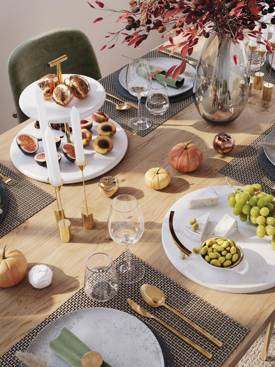 Top-notch 3D rendering of a dining table with realistic furniture and decor, showcasing photorealistic product visualization and CGI rendering.