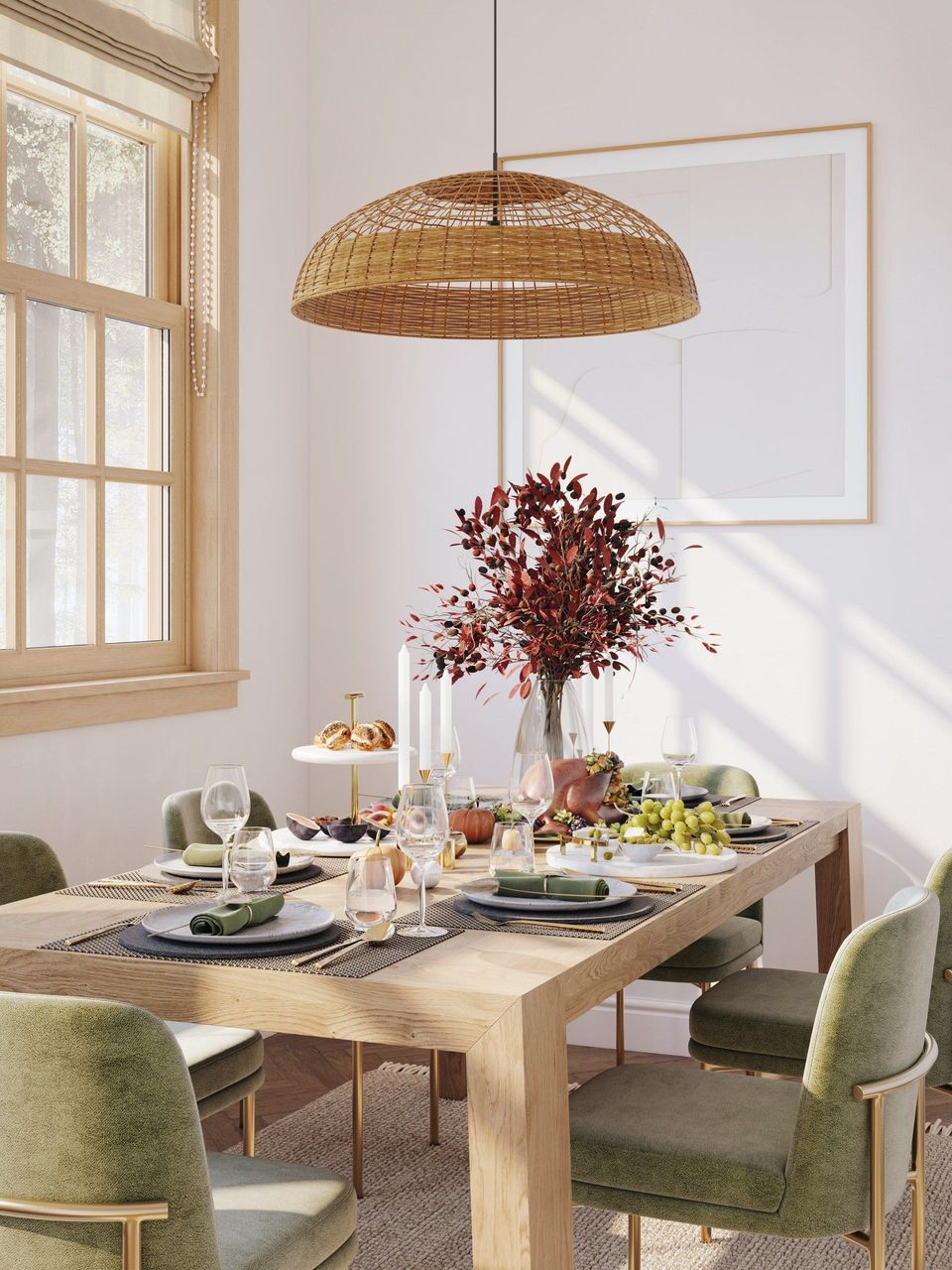 3D lifestyle visualization showcasing a dining room with photorealistic house fittings rendering, featuring a wooden table, green chairs, and decorative elements.