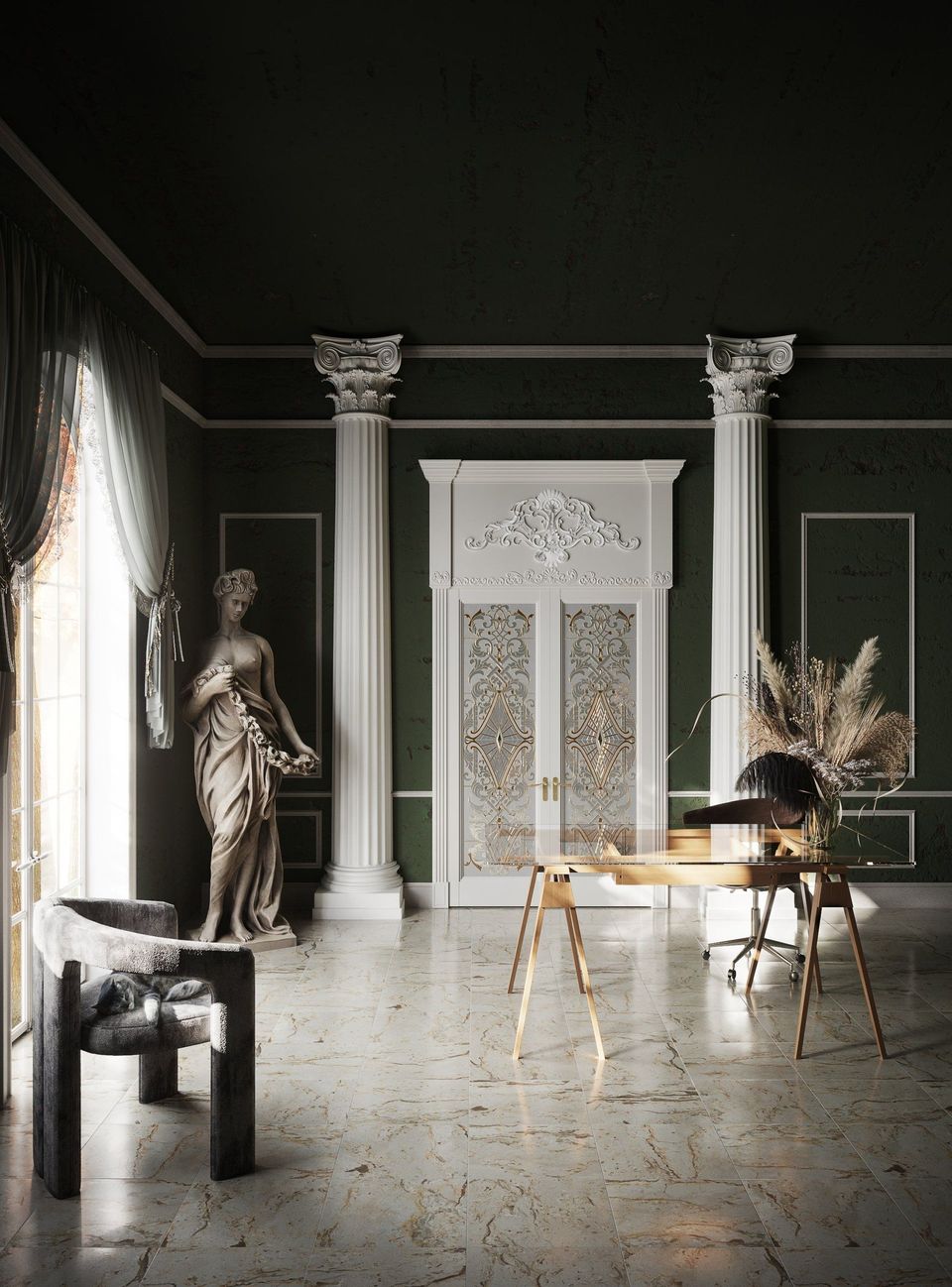 3D rendering of a luxurious interior featuring classic house fittings and decor, showcasing high-quality 3D modeling and visualization.