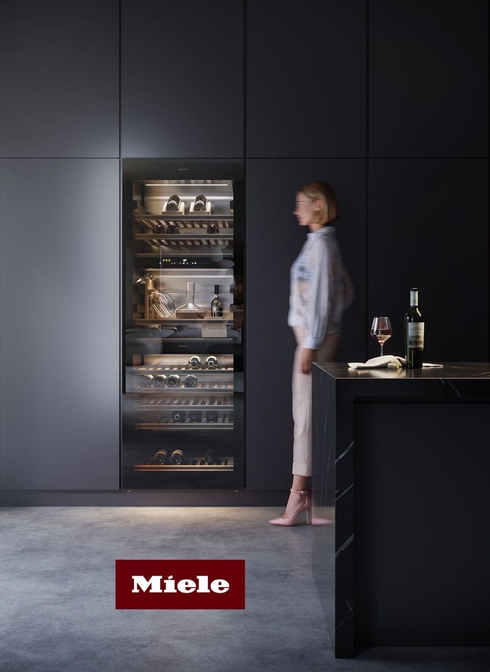 3D rendering of a modern kitchen featuring a wine cooler, showcasing realistic furniture rendering and 3D lifestyle visualization.
