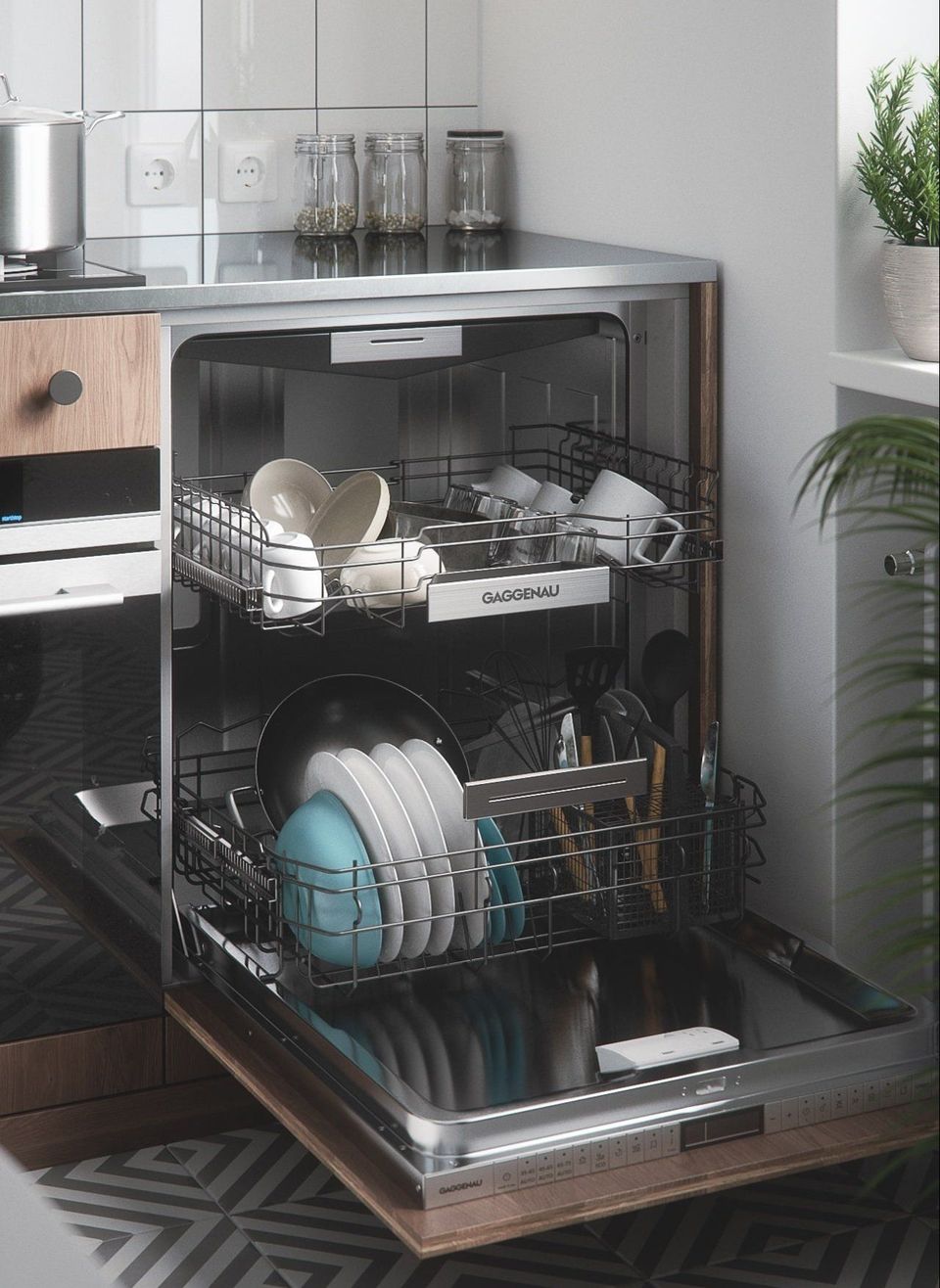 Photorealistic 3D rendering of a modern kitchen interior featuring a dishwasher, showcasing 3D furniture modeling and visualization.
