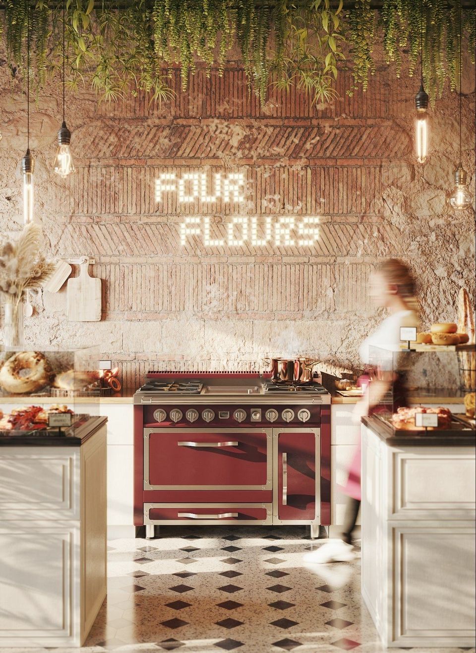 Photorealistic 3D rendering of a kitchen interior showcasing high-quality furniture and decor elements, emphasizing 3D furniture modeling and visualization.