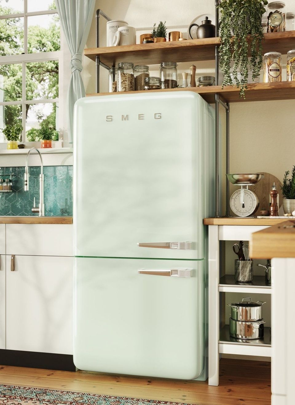 3D rendering of a kitchen interior featuring a retro-style fridge, showcasing 3D furniture modeling and photorealistic visualization