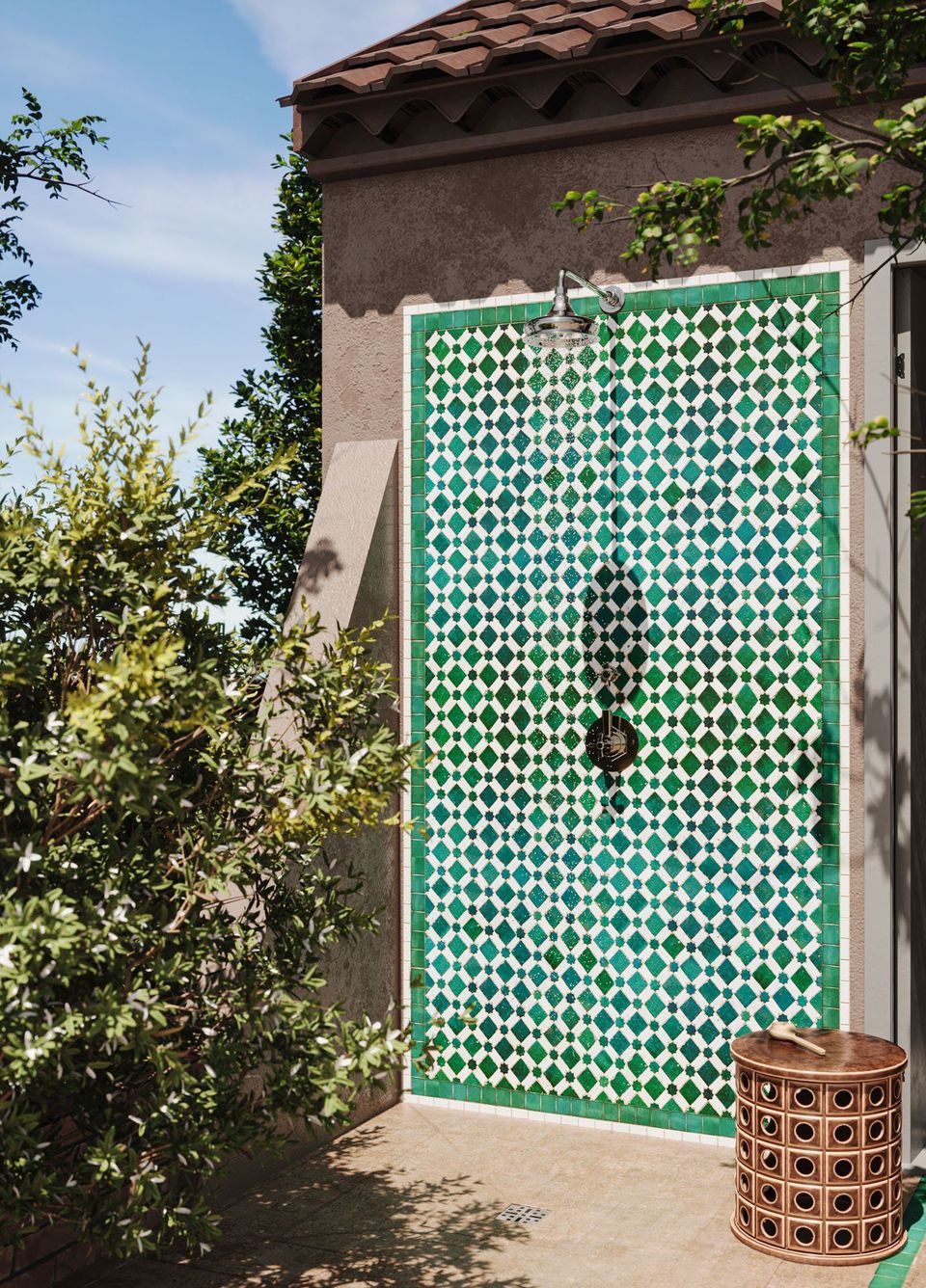 Photorealistic 3D rendering of an outdoor shower with intricate tile design, showcasing 3D modeling and rendering techniques.