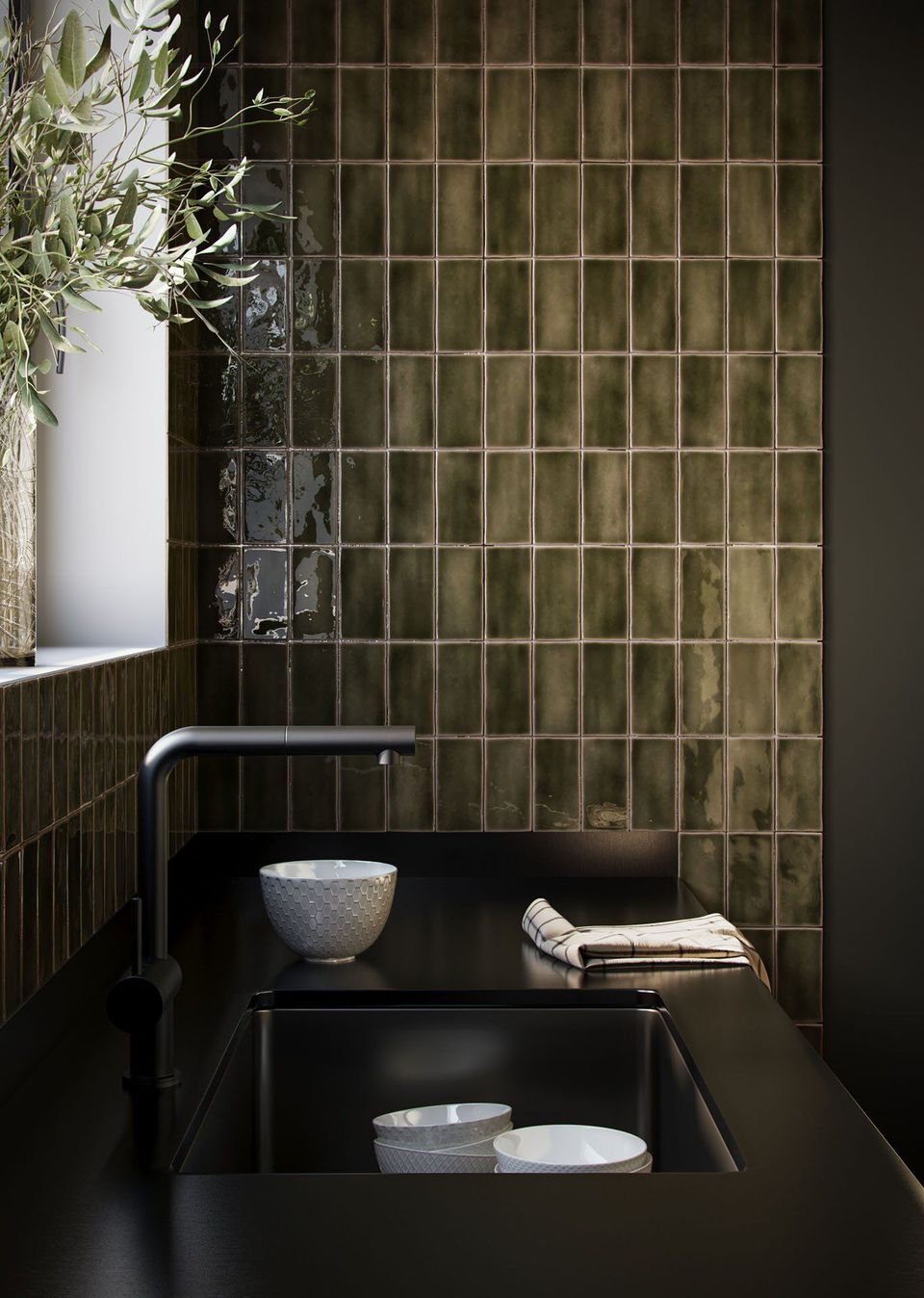 3D Rendering for Modern Kitchen Sink with Olive Green Tiled Backsplash