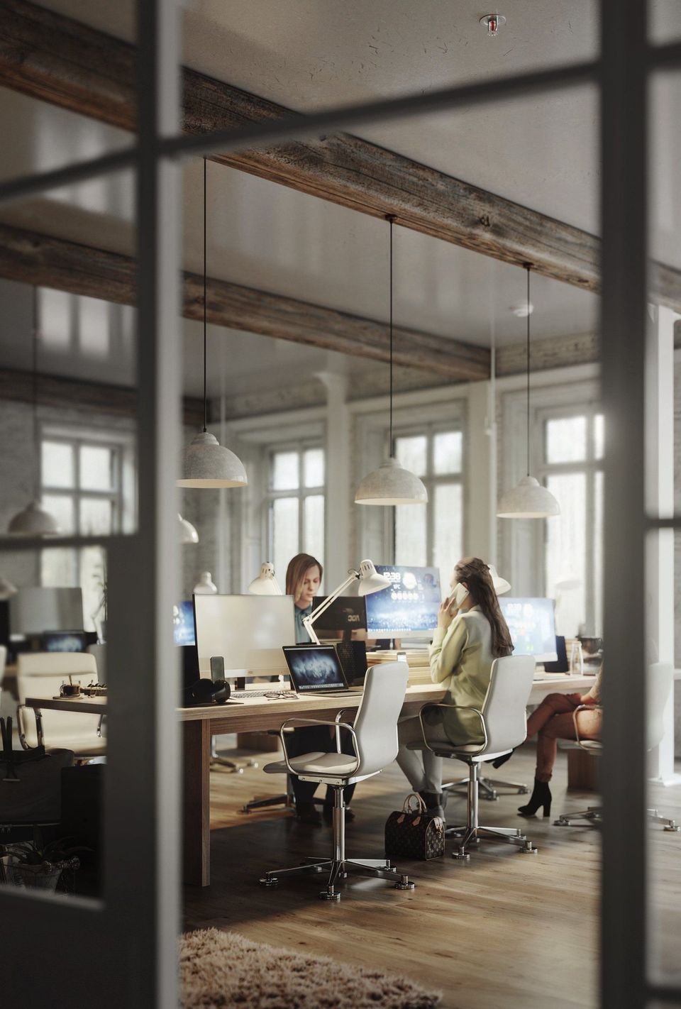 3D Visualization for Modern Open-Plan Office with Wooden Beams and People Working at Desks