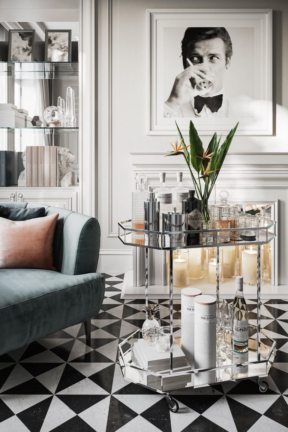 High-quality 3D rendering of a stylish living room featuring a velvet sofa, geometric floor, and a decorative bar cart, showcasing photorealistic furniture visualization.