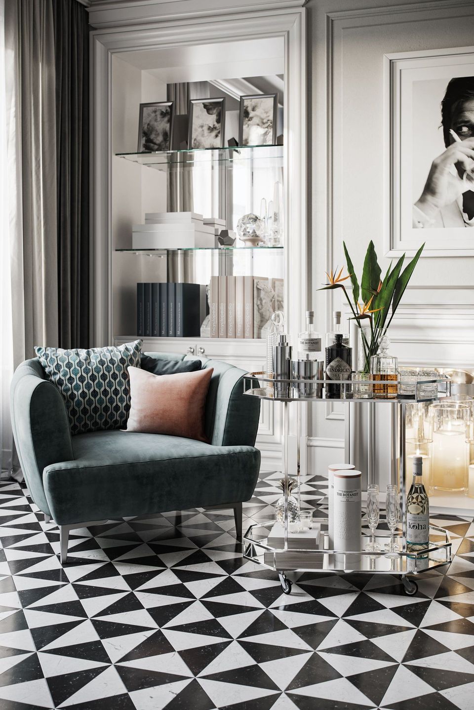 Top-notch 3D interior visualization showcasing modern furniture rendering, featuring a stylish armchair and decor in a contemporary living room setting.