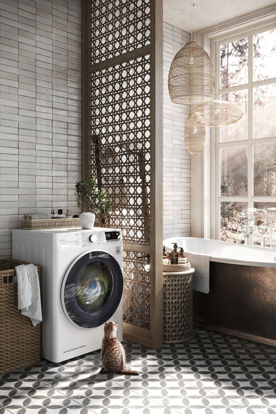 3D rendering of a bathroom featuring a washing machine, wicker baskets, and a cat, showcasing realistic house fittings rendering and 3D interior visualization.