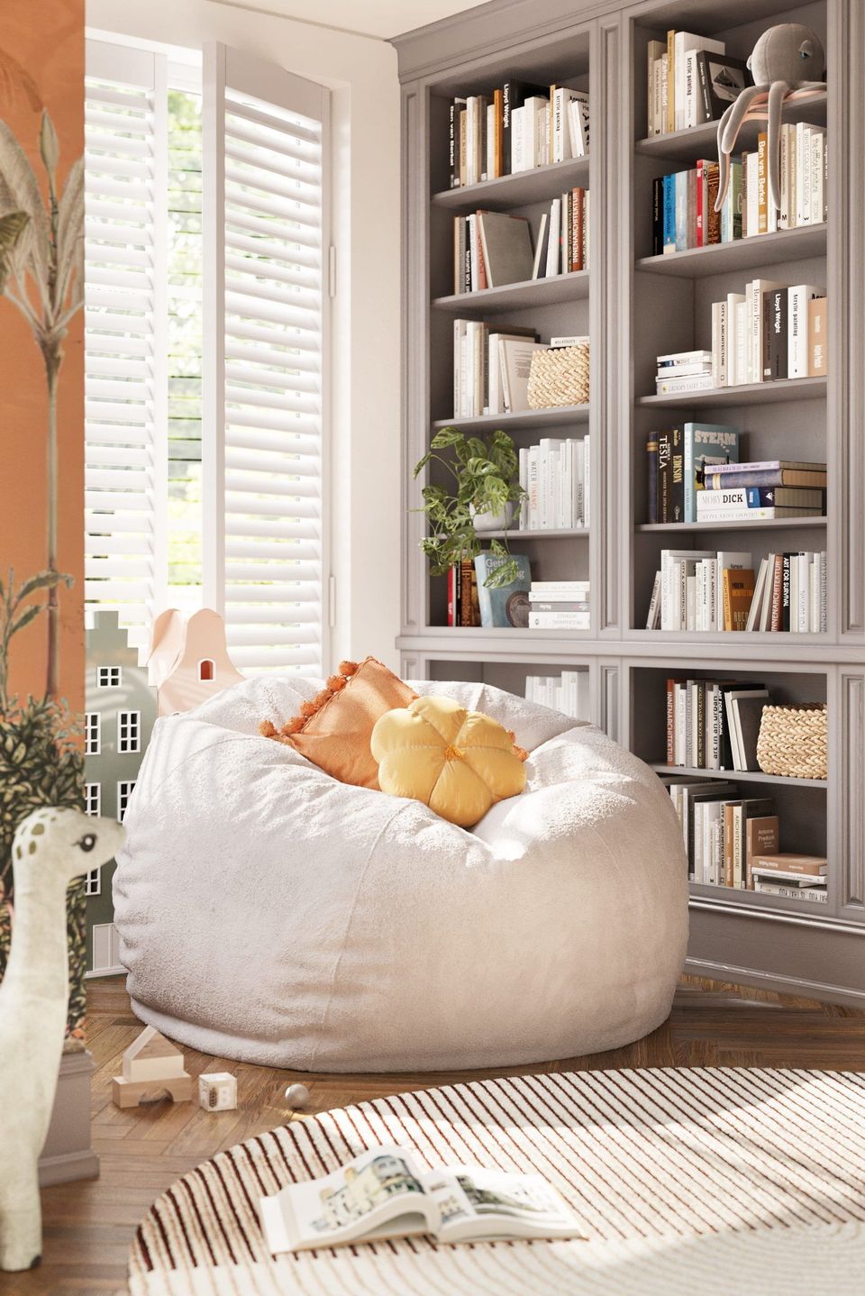 3D rendering of a cozy reading nook featuring a bean bag, bookshelf, and soft lighting, showcasing 3D furniture modeling and interior visualization.