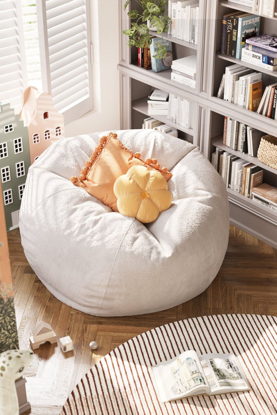 3D Rendering Of A Cozy Reading Nook With A Bean Bag, Soft Pillows, And A Book-Filled Bookshelf