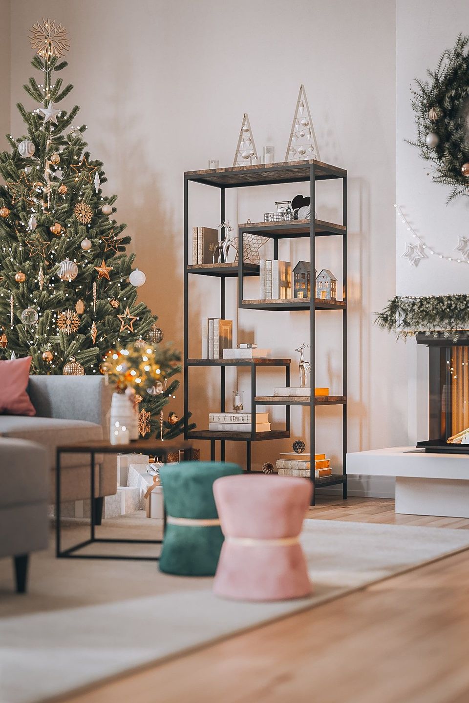 3D lifestyle visualization showcasing a festive living room with a Christmas tree, modern furniture, and decorative shelving. Top-notch 3D rendering and furniture visualization.