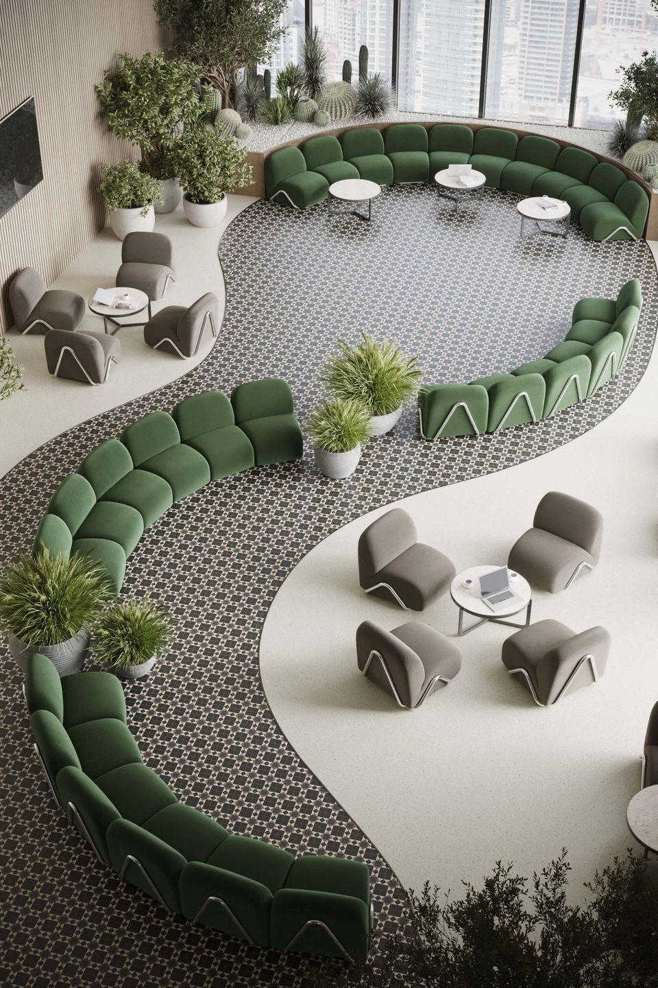 3D Visualization Of A Modern Office Lounge With Modular Green Sofas, Gray Chairs, And Geometric Flooring