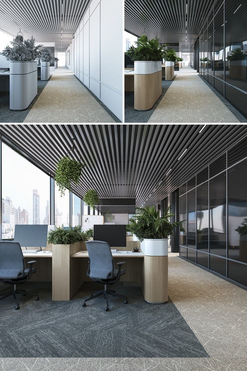 3D interior rendering showcasing modern office furniture and design, featuring 3D furniture modeling and realistic visualization.