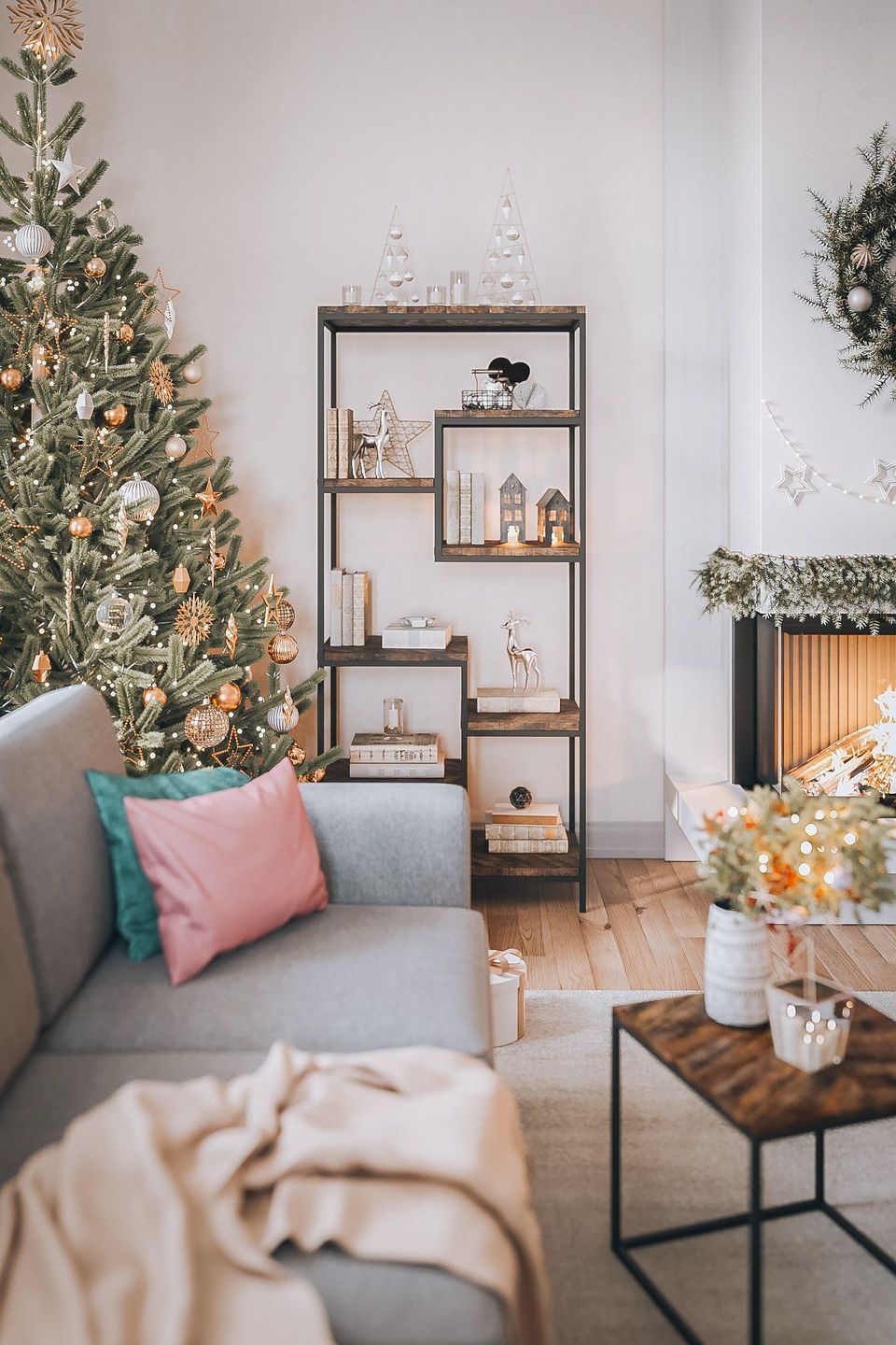 3D Render of Living Room Furniture with Christmas Decor