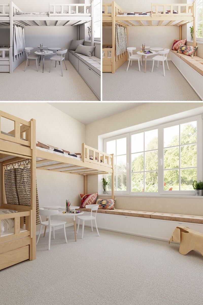 3D furniture modeling and rendering of a modern bunk bed room with realistic furniture rendering and 3D interior visualization.