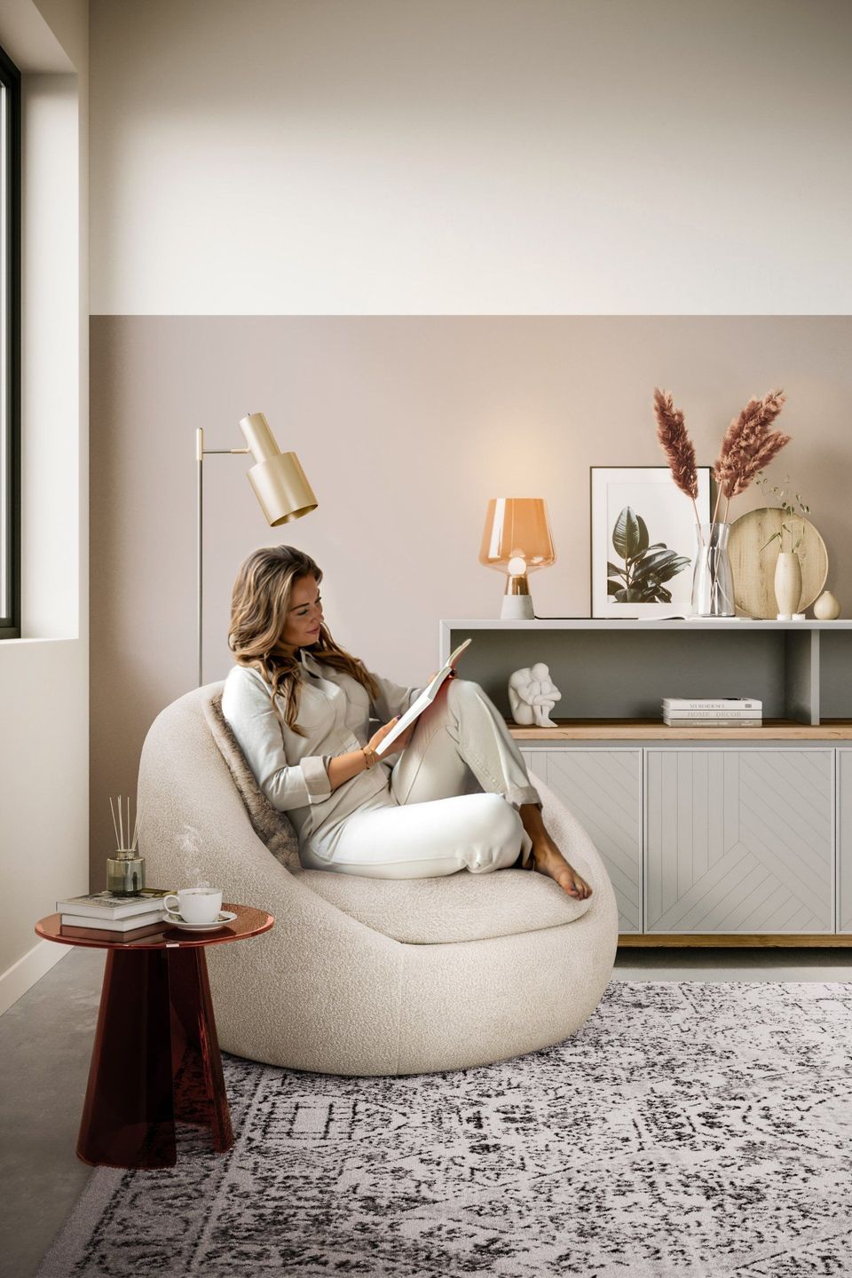 3D rendering of a modern living room featuring a woman reading on a cozy chair, showcasing 3D furniture modeling and realistic interior visualization.