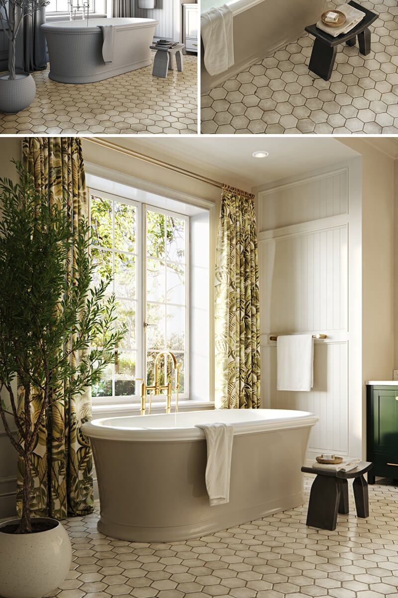 High-quality 3D rendering of a bathroom interior showcasing realistic furniture and decor elements, featuring 3D furniture modeling and visualization.