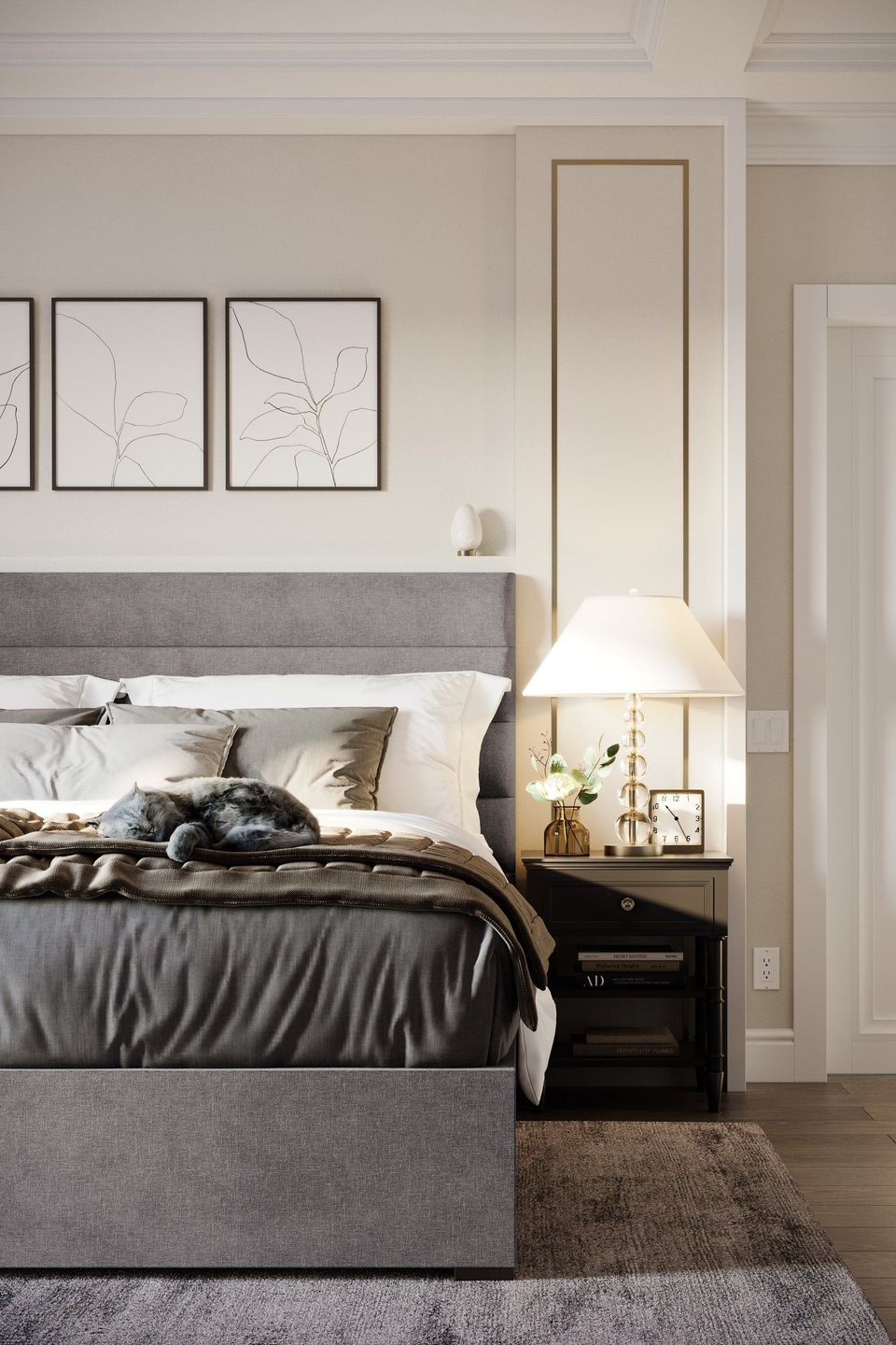 3D lifestyle visualization showcasing a bedroom with a bed, nightstand, and decor, featuring realistic furniture rendering and photorealistic CGI.