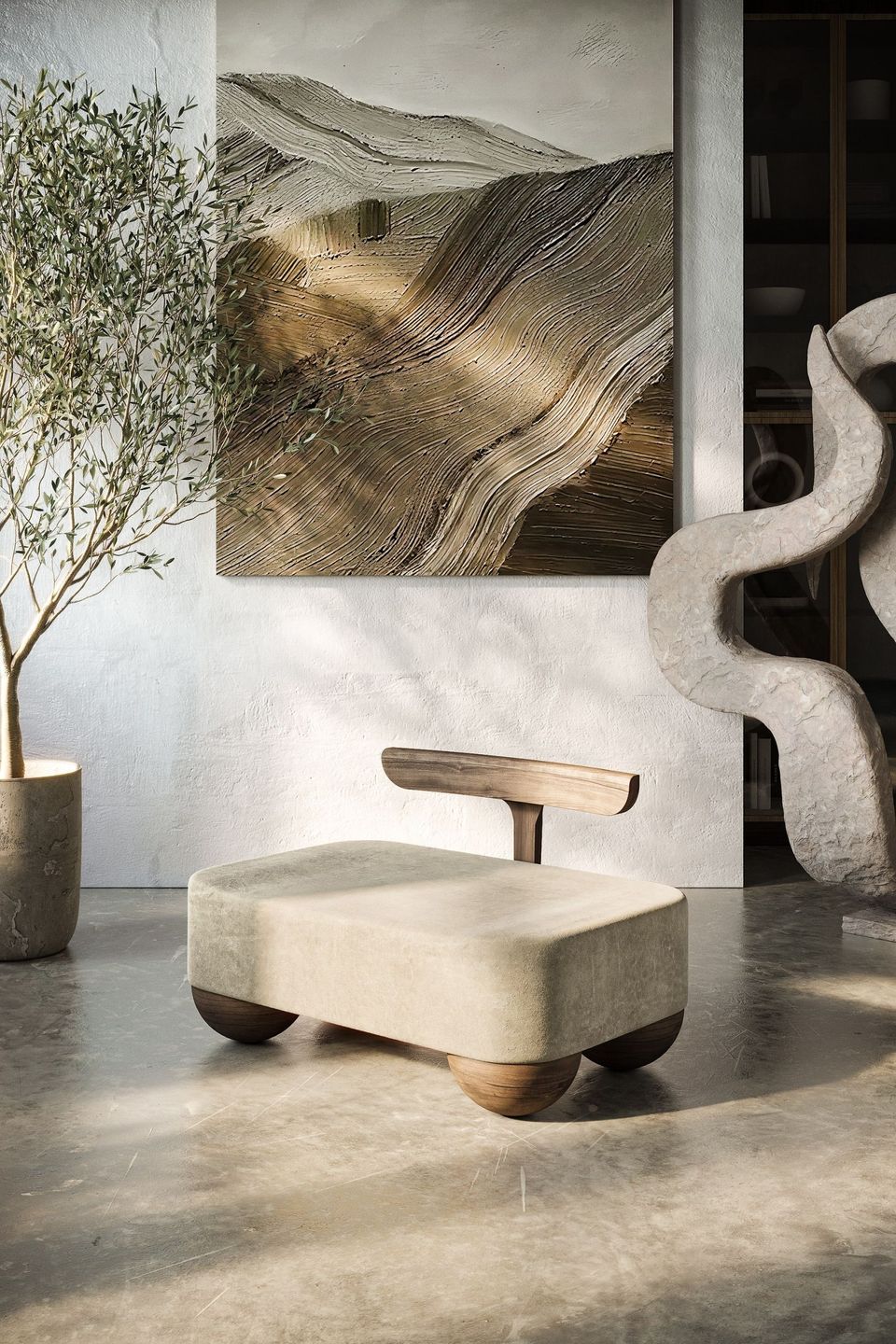 3D Rendering of a Stylish Wooden Chair In a Minimalist Room