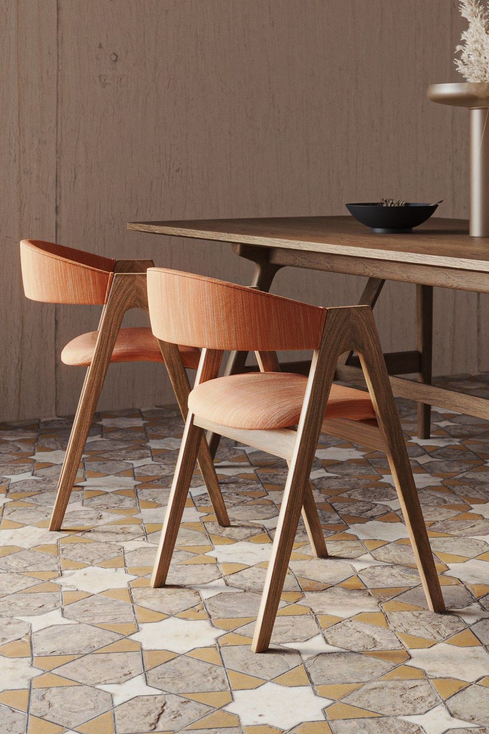 High-quality 3D rendering of a modern dining set with wooden chairs and table, showcasing realistic furniture visualization and photorealistic CGI.