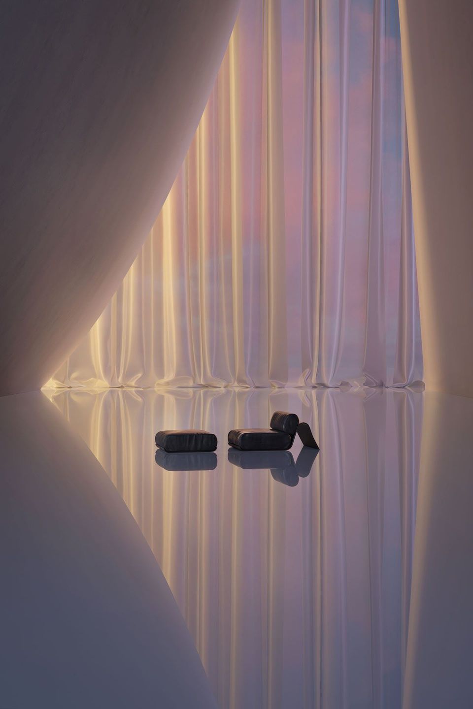 Realistic 3D interior visualization showcasing photorealistic house fittings rendering with soft lighting and elegant drapery.