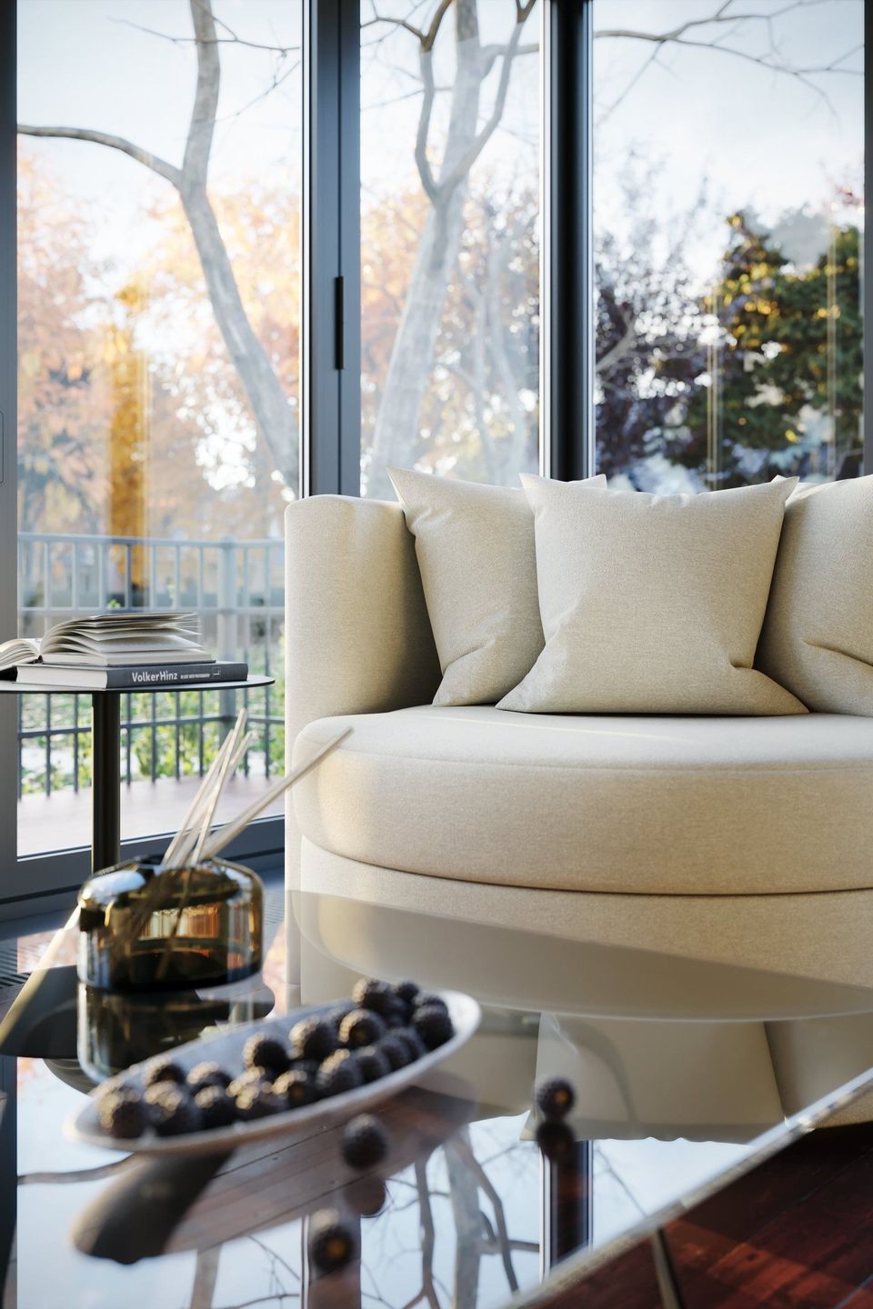 Photorealistic 3D rendering of a modern living room with a beige sofa, showcasing 3D furniture modeling and visualization.