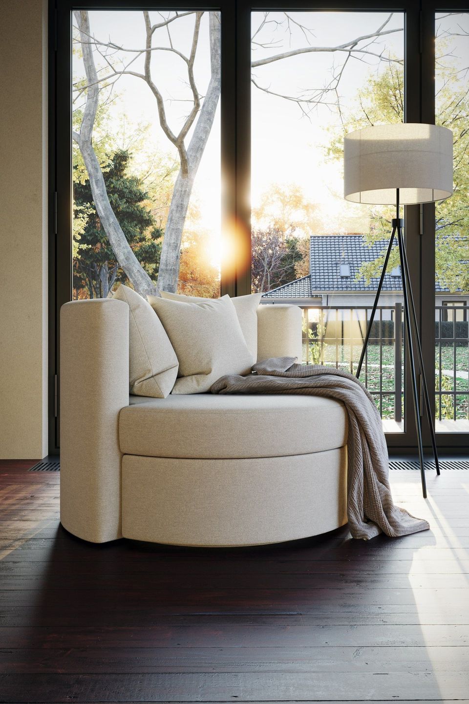 Photorealistic 3D rendering of a cozy chair in a sunlit room, showcasing top-notch furniture visualization and interior design.