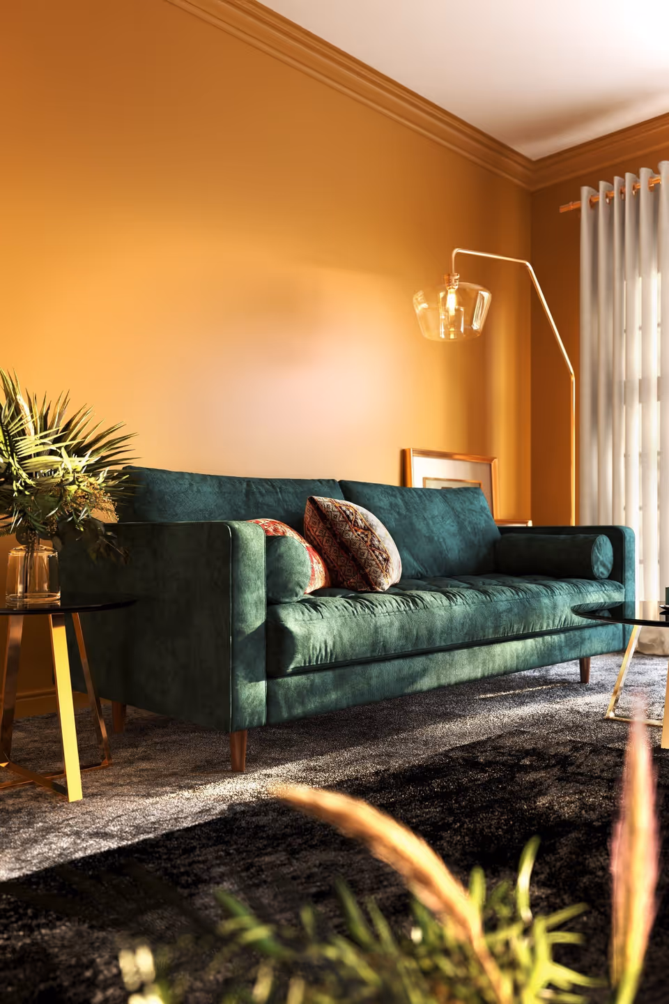 3D furniture rendering showcasing a modern living room with a green sofa, highlighting 3D interior visualization and realistic furniture rendering.