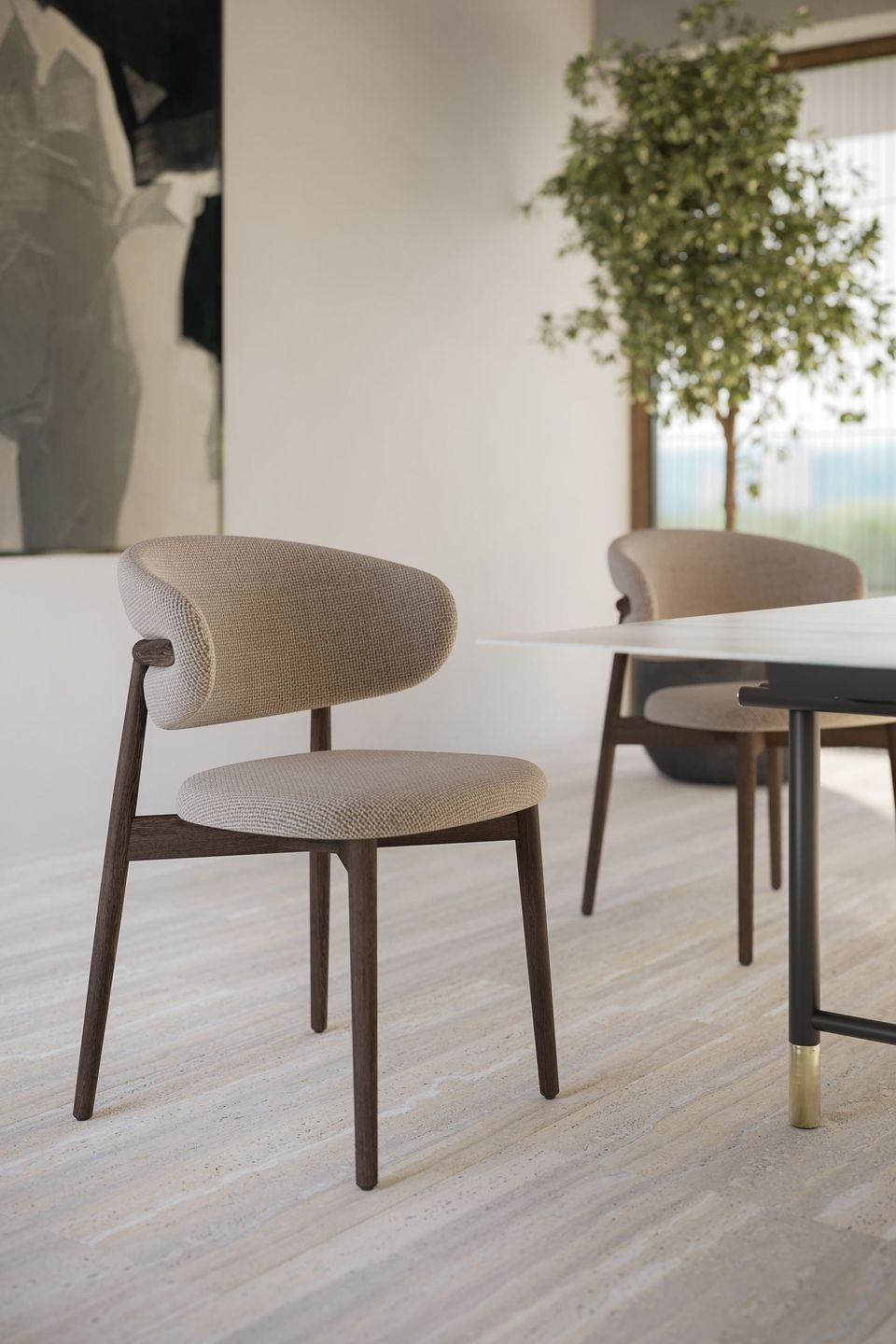 3D house fittings modeling and rendering showcasing a trendy chair in a stylish interior setting, highlighting photorealistic visualization and high-quality 3D rendering.