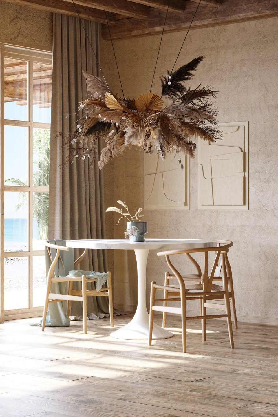 3D rendered furniture in a modern dining room, showcasing 3D furniture modeling and realistic rendering with natural light.